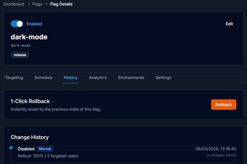 History tab with 1-click rollback button and change timeline