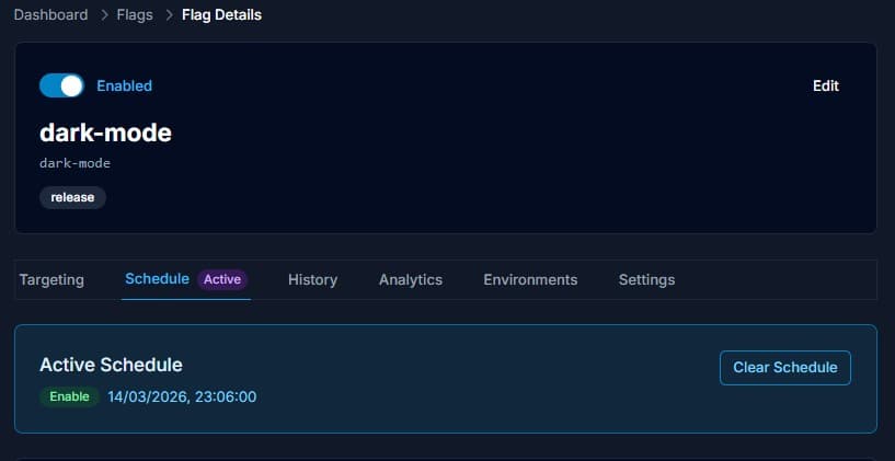 Schedule tab showing active schedule with date and time picker